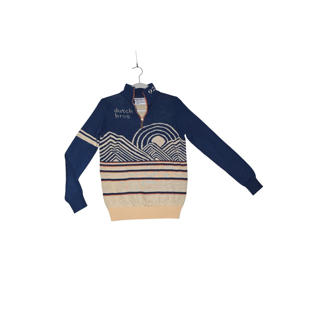 Dutch Bros 92 Vintage Coffee NavyBlue Mountain Landscape QuarterZip Sweater Sm